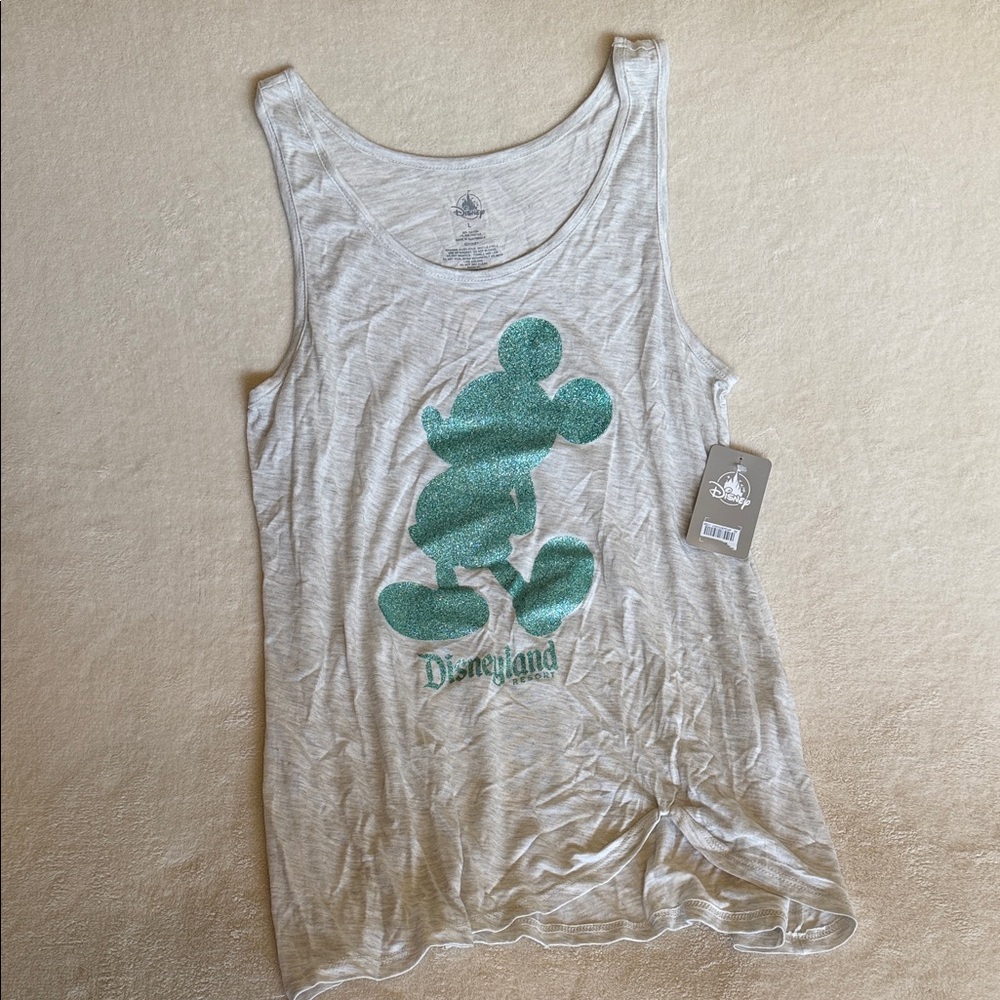 Disney Women's Light Gray Tank Top with Green Glitter Mickey Silhouette